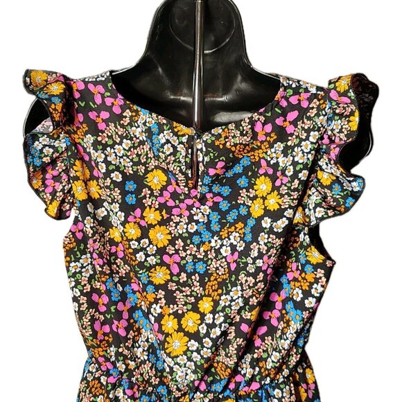 Emery Rose Junior Med Colorful Flower Dress Flutter Sleeve Elastic Waist - Picture 4 of 6